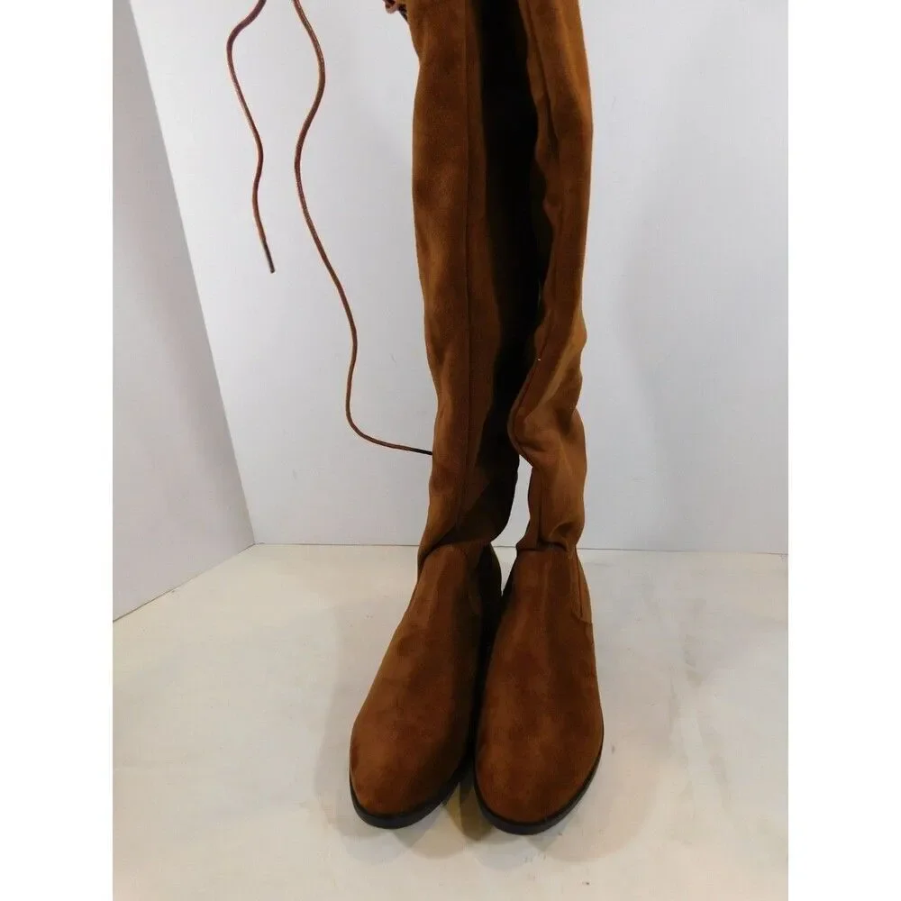 Dream Pairs Thigh High Low Heel Fashion Boots sz 5.5 M Tan Faux Stretch Suede